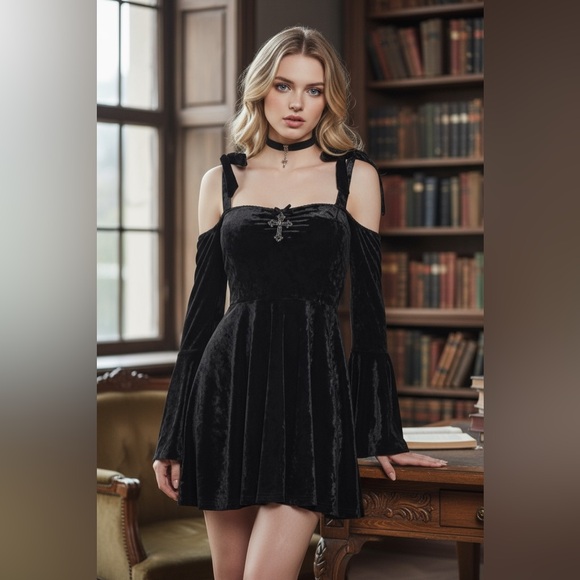 NWT Dolls Kill Widow Nocturnal Elegance Mini Dress in Black Velvet Silver Cross - Picture 3 of 16